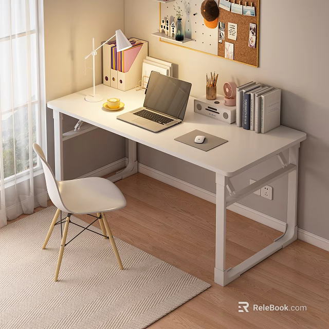 Modern Home Desk With Laptop Desk Lamp Books Stationery And Chair 3d model 