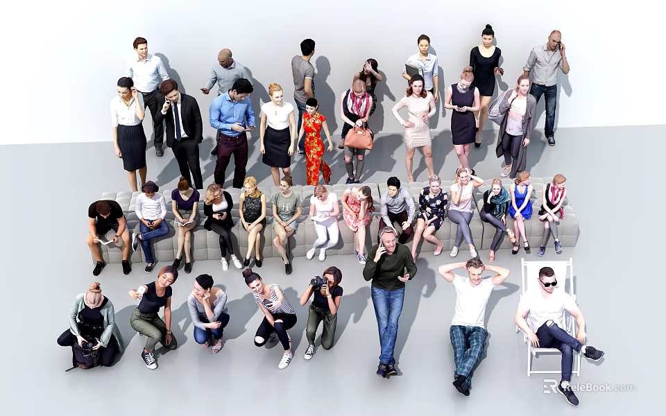 Diverse Group of People in Various Poses Standing Sitting with Casual and Formal Attire 3d model 