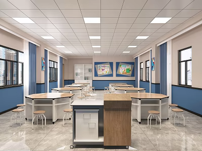 Modern Laboratory Interior Design With Lab Tables Chairs Windows And Blue Walls 3d model