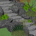 Natural Stone Steps In Garden Landscape With Green Plants And Rocks