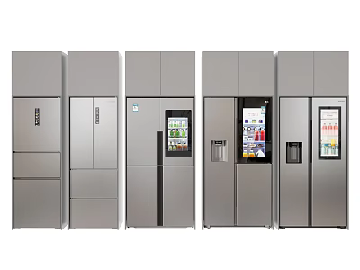 Multiple Modern Stainless Steel Refrigerators With Various Door Designs And Features 3d model