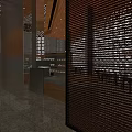 Modern Restaurant Interior With Wooden Counter Display Shelves And Ambient Lighting