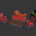 Vintage Furniture Set With Carved Sofa Red Upholstery Wooden Coffee Table And Chairs