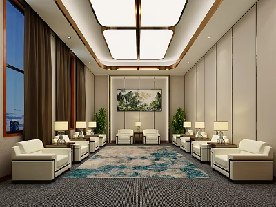 Hotel Public Lounge Area With Comfortable Sofas Blue Patterned Rug Decorative Painting And Green Plants 3d model