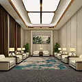 Hotel Public Lounge Area With Comfortable Sofas Blue Patterned Rug Decorative Painting And Green Plants
