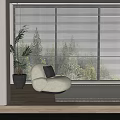Indoor Bonsai Potted Plant with White Curved Sofa Gray Cushion Wooden Floor and Window Blinds