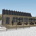 Rest Stop Featuring Triangular Roof Wooden Structure And Large Windows With Trees And Fence