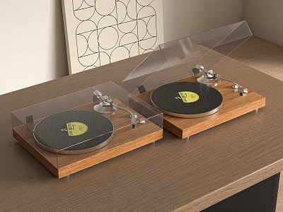 Dual Home Audio Wooden Record Players With Transparent Covers And Vinyl Records On Table 3d model