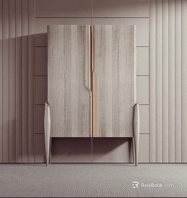 Modern Wooden Decorative Cabinet With Brushed Brass Handles And Vertical Slat Wall 3d model 
