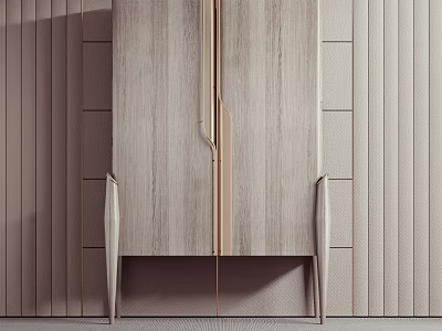 Modern Wooden Decorative Cabinet With Brushed Brass Handles And Vertical Slat Wall 3d model