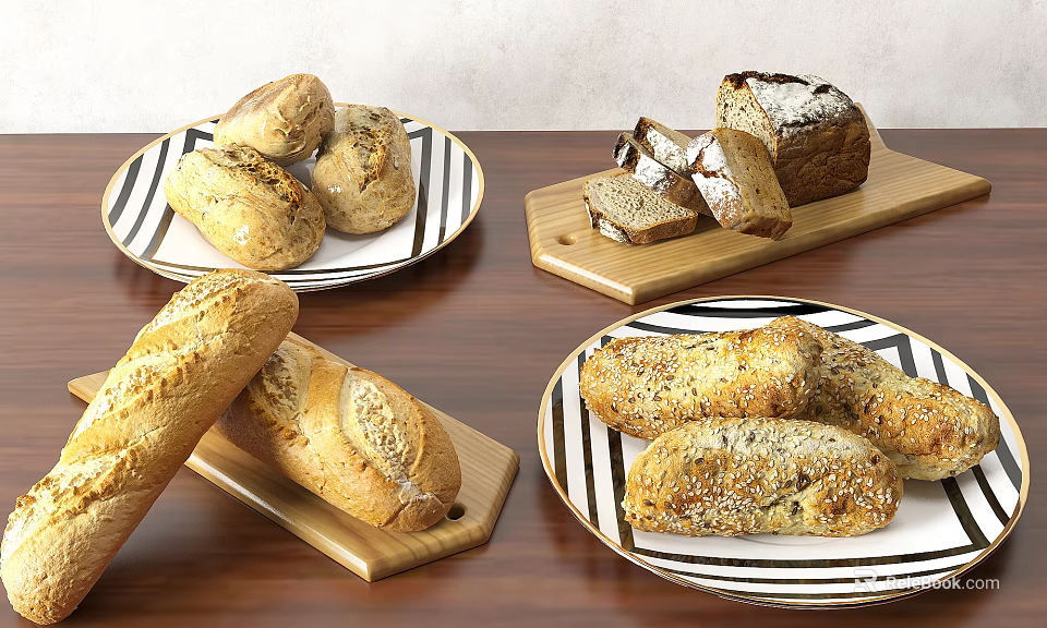 Assorted Fresh Baked Bread On Striped Plates And Wooden Boards With Slices And Sesame 3d model 