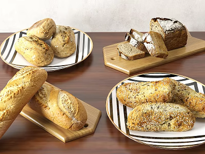 Assorted Fresh Baked Bread On Striped Plates And Wooden Boards With Slices And Sesame 3d model