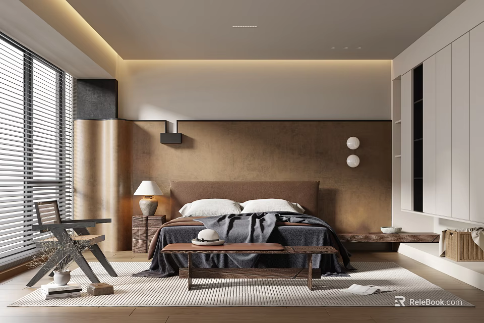 Modern Minimalist Bedroom Interior With Wooden Headboard Bed Nightstand Table Lamp And Chair 3d model 