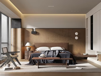 Modern Minimalist Bedroom Interior With Wooden Headboard Bed Nightstand Table Lamp And Chair 3d model
