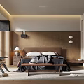 Modern Minimalist Bedroom Interior With Wooden Headboard Bed Nightstand Table Lamp And Chair