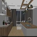 Modern Living and Dining Room Interior With Wooden Furniture Chandelier Round Mirror And Green Plants