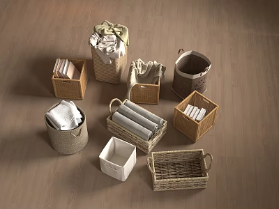 Various Wicker Fabric And Wooden Storage Baskets Organizing Clothes And Books 3d model