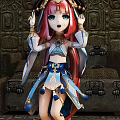 Anime Style Game Character With Pink Red Long Hair Blue White Outfit And Stone Wall