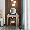 Elegant Modern Dressing Table Interior With Round Mirror Pink Countertop Gold Frame And Pink Chair