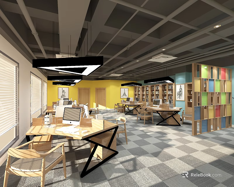 Modern Public Office Space Interior Design With Open Layout Colorful Bookshelves Tables And Lighting 3d model 