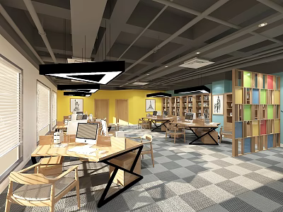 Modern Public Office Space Interior Design With Open Layout Colorful Bookshelves Tables And Lighting 3d model