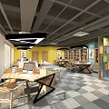 Modern Public Office Space Interior Design With Open Layout Colorful Bookshelves Tables And Lighting