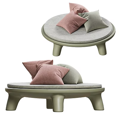 Round Upholstered Stool With Pink And Green Pillows For Cozy Seating 3d model