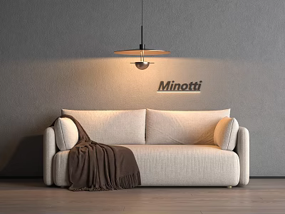 Beige Two-Seater Sofa With Brown Blanket Gray Wall Minotti Logo Pendant Light And Wooden Floor 3d model