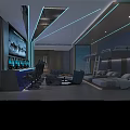 Modern Gaming Room With Large Screen Multiple Computers Gaming Chairs Bunk Bed Sofa Blue Lighting 3d model