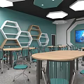 School Modern Classroom With Teal Hexagonal Decor Large Screen And Tables Chairs 3d model