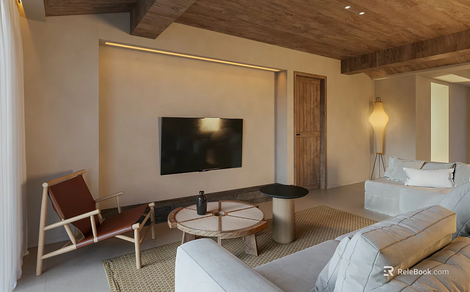 Modern Living Room Interior With Wooden Ceiling Beige Walls TV Sofa And Coffee Table 3d model 