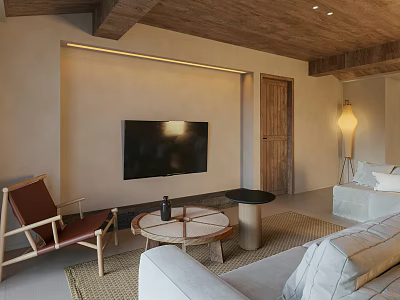 Modern Living Room Interior With Wooden Ceiling Beige Walls TV Sofa And Coffee Table 3d model
