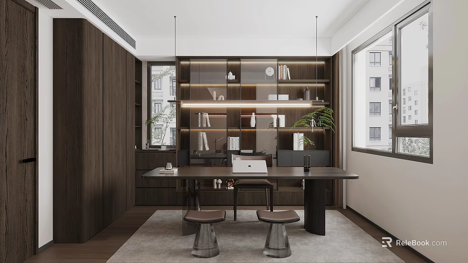 Modern Dark Wood Bookshelf With Layered Shelves And Built-in Lighting In Study Room Interior 3d model 