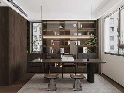 Modern Dark Wood Bookshelf With Layered Shelves And Built-in Lighting In Study Room Interior 3d model
