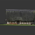 Traditional Residential House With Thatched Roof And Wooden Walls On Grass Base