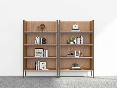 Wooden Bookcase with Multiple Shelves of Books and Decorative Items Against White Wall Gray Floor 3d model