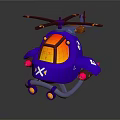 Blue Spacecraft Toy Model With Yellow Windows Propellers Wheels And X Marking