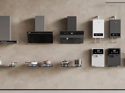 Various Types of Kitchen Appliances Displayed on Wall Including Range Hoods and Ovens 3d model