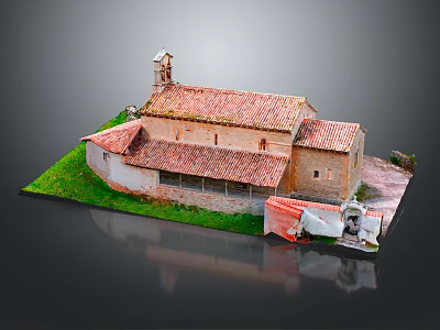 Cartoon Scenery of Red Tiled Roof Building with Small Tower Green Lawn and Side Statue 3d model