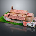 Cartoon Scenery of Red Tiled Roof Building with Small Tower Green Lawn and Side Statue