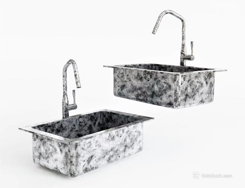 Two Modern Kitchen Granite Sinks With Chrome Faucet And Textured Surface 3d model 