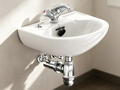 Wall Mounted White Washbasin with Silver Faucet Hot Cold Indicators and Chrome Drain 3d model