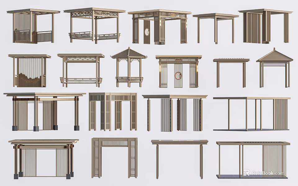 Traditional Chinese Wooden Pavilion Structures With Various Classic Design Styles 3d model 
