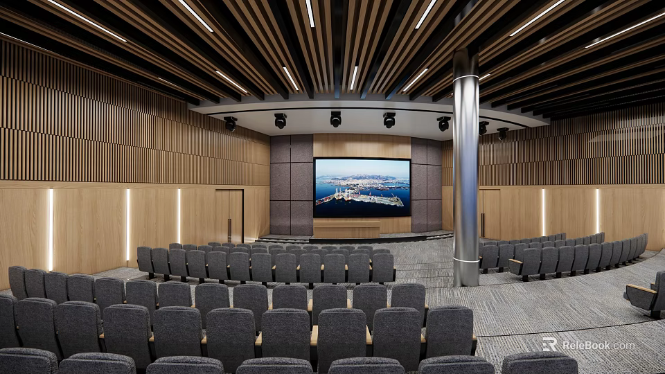 Modern Conference Room With Gray Seats Large Screen And Wooden Ceiling 3d model 