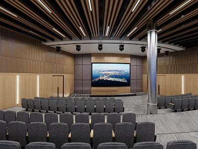 Modern Conference Room With Gray Seats Large Screen And Wooden Ceiling 3d model