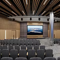 Modern Conference Room With Gray Seats Large Screen And Wooden Ceiling