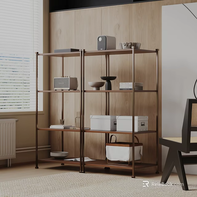 Modern Metal Shelving Unit With Storage Boxes Books And Wooden Wall Decor 3d model 