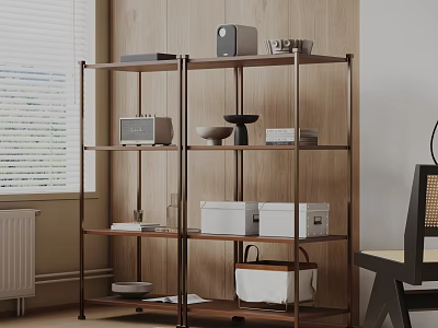Modern Metal Shelving Unit With Storage Boxes Books And Wooden Wall Decor 3d model