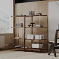Modern Metal Shelving Unit With Storage Boxes Books And Wooden Wall Decor