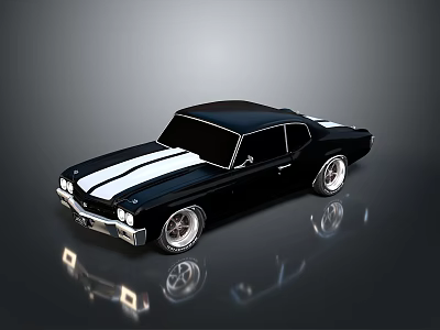 Classic Black Two Door Car With White Stripes And Shiny Vintage Design On Reflective Surface 3d model